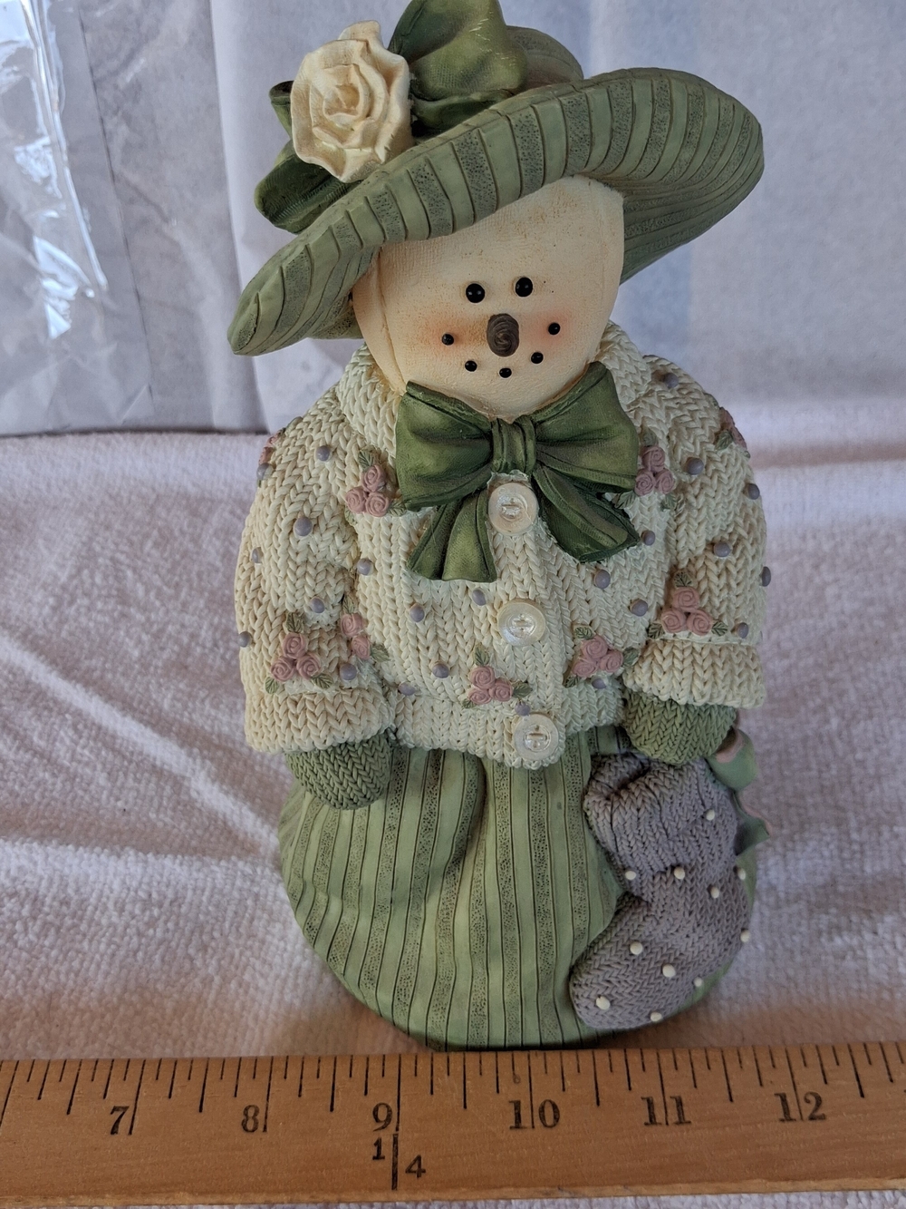 Vintage Floral Green & Cream Snowman Decor